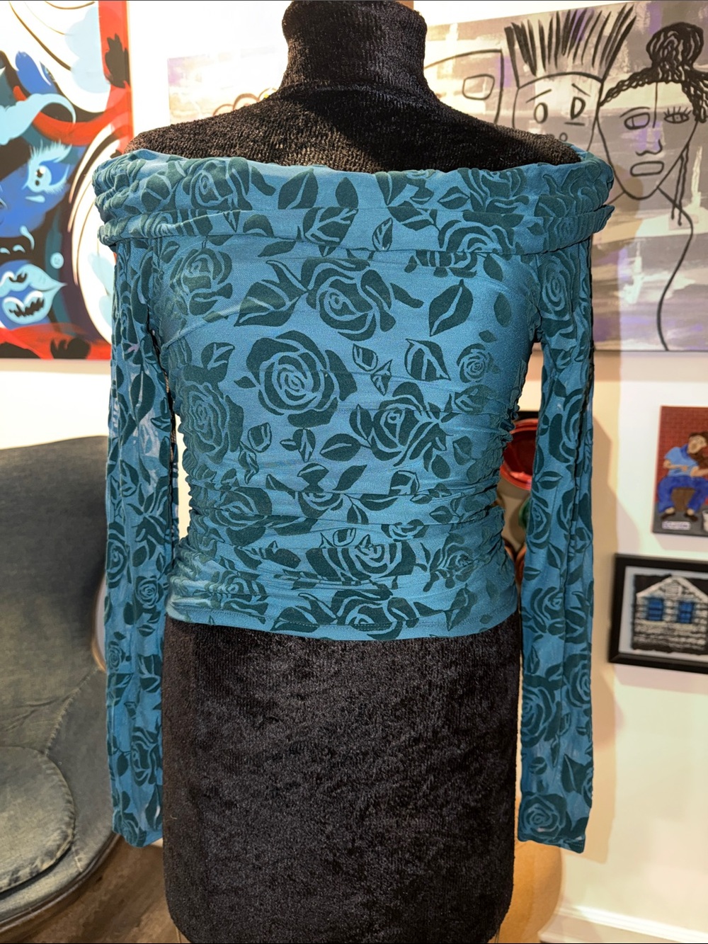 wild fable Teal Rose-Print Off-the-Shoulder Long Sleeve Top